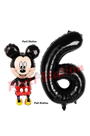 Mickey Mouse Balon 6 Yaş Doğum Günü Set Mickey Mouse Konsept Balon ve Siyah Rakam Balon