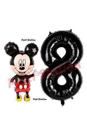 Mickey Mouse Balon 8 Yaş Doğum Günü Set Mickey Mouse Konsept Balon ve Siyah Rakam Balon