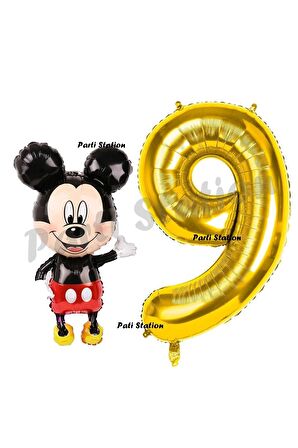 Mickey Mouse Balon 9 Yaş Doğum Günü Set Mickey Mouse Konsept Balon ve Gold Rakam Balon