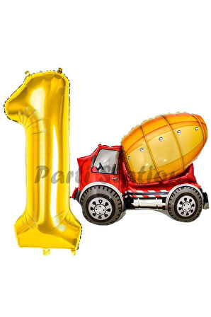 İnşaat Mikser Kamyonu Balon 5 Yaş Doğum Günü Balon Set İş Makineleri Konsept Ve Gold Rakam Balon