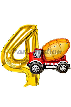 İnşaat Mikser Kamyonu Balon 5 Yaş Doğum Günü Balon Set İş Makineleri Konsept Ve Gold Rakam Balon
