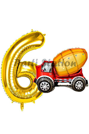 İnşaat Mikser Kamyonu Balon 5 Yaş Doğum Günü Balon Set İş Makineleri Konsept Ve Gold Rakam Balon