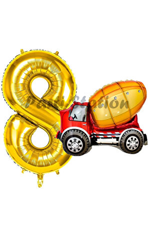 İnşaat Mikser Kamyonu Balon 5 Yaş Doğum Günü Balon Set İş Makineleri Konsept Ve Gold Rakam Balon