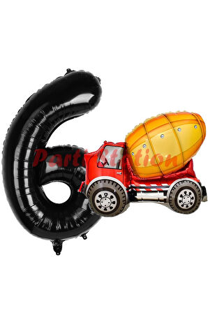 İnşaat Mikser Kamyonu Balon 2 Yaş Doğum Günü Balon Set İş Makineleri Konsept Ve Siyah Rakam Balon