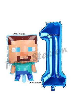 Minecraft Balon 1 Yaş Doğum Günü Set Minecraft Konsept Balon ve Lacivert Rakam Balon