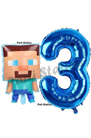 Minecraft Balon 3 Yaş Doğum Günü Set Minecraft Konsept Balon ve Lacivert Rakam Balon