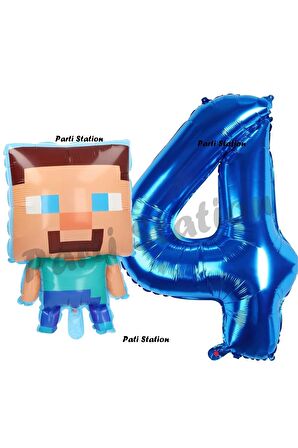 Minecraft Balon 4 Yaş Doğum Günü Set Minecraft Konsept Balon ve Lacivert Rakam Balon