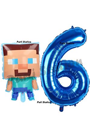 Minecraft Balon 6 Yaş Doğum Günü Set Minecraft Konsept Balon ve Lacivert Rakam Balon