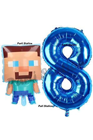 Minecraft Balon 8 Yaş Doğum Günü Set Minecraft Konsept Balon ve Lacivert Rakam Balon