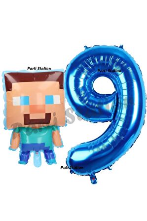 Minecraft Balon 9 Yaş Doğum Günü Set Minecraft Konsept Balon ve Lacivert Rakam Balon