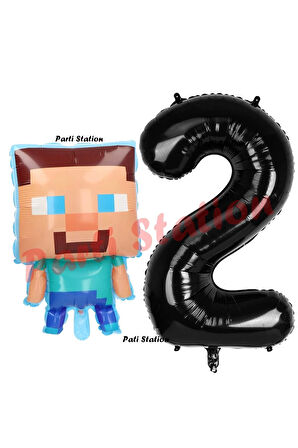 Minecraft Balon 2 Yaş Doğum Günü Set Minecraft Konsept Balon ve Siyah Rakam Balon