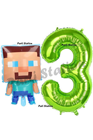 Minecraft Balon 5 Yaş Doğum Günü Set Minecraft Konsept Balon ve Yeşil Rakam Balon