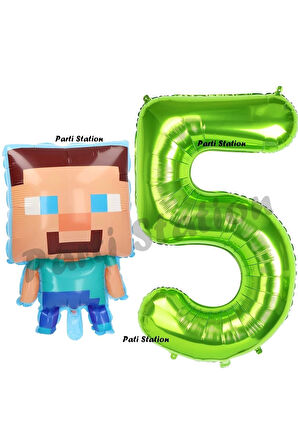 Minecraft Balon 5 Yaş Doğum Günü Set Minecraft Konsept Balon ve Yeşil Rakam Balon