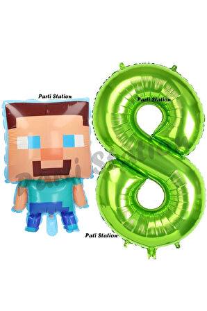 Minecraft Balon 5 Yaş Doğum Günü Set Minecraft Konsept Balon ve Yeşil Rakam Balon