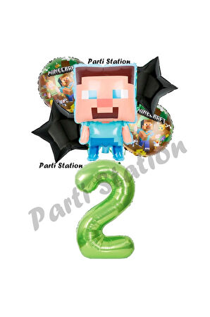 Minecraft Balon 7 Yaş Doğum Günü Set Minecraft Konsept Yıldız Balon ve Yeşil Rakam Balon