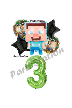 Minecraft Balon 7 Yaş Doğum Günü Set Minecraft Konsept Yıldız Balon ve Yeşil Rakam Balon