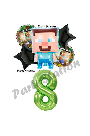 Minecraft Balon 7 Yaş Doğum Günü Set Minecraft Konsept Yıldız Balon ve Yeşil Rakam Balon