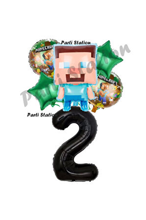 Minecraft Balon 9 Yaş Doğum Günü Set Minecraft Konsept Yıldız Balon ve Siyah Rakam Balon