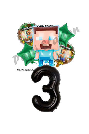 Minecraft Balon 9 Yaş Doğum Günü Set Minecraft Konsept Yıldız Balon ve Siyah Rakam Balon