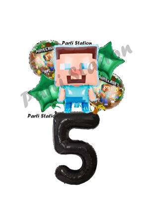 Minecraft Balon 9 Yaş Doğum Günü Set Minecraft Konsept Yıldız Balon ve Siyah Rakam Balon