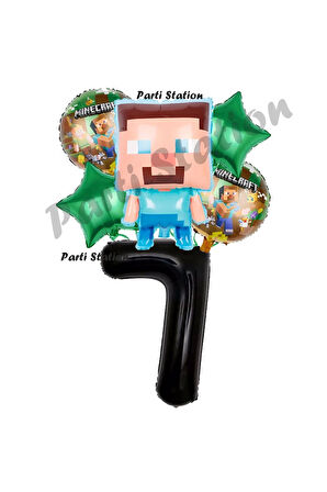 Minecraft Balon 9 Yaş Doğum Günü Set Minecraft Konsept Yıldız Balon ve Siyah Rakam Balon