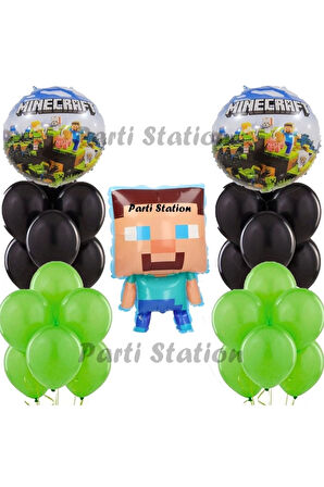 Yeşil Rakam Balonlu Minecraft Konsept Doğum Günü 2 Yaş Balon Set Minecraft Yeşil Siyah Balon Set