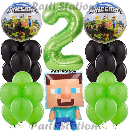 Yeşil Rakam Balonlu Minecraft Konsept Doğum Günü 2 Yaş Balon Set Minecraft Yeşil Siyah Balon Set
