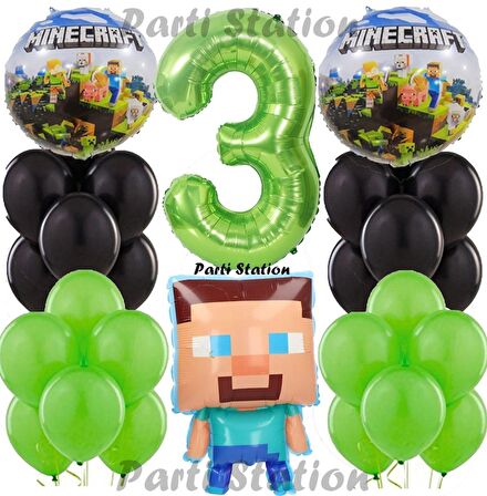 Yeşil Rakam Balonlu Minecraft Konsept Doğum Günü 3 Yaş Balon Set Minecraft Yeşil Siyah Balon Set