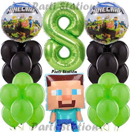 Yeşil Rakam Balonlu Minecraft Konsept Doğum Günü 8 Yaş Balon Set Minecraft Yeşil Siyah Balon Set
