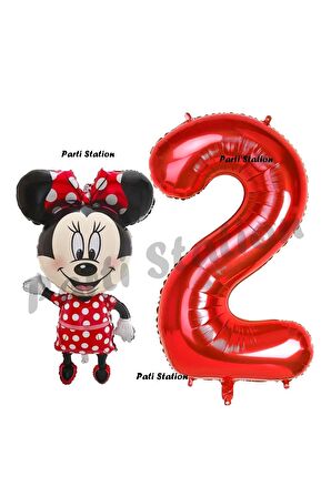 Minnie Mouse 2 Yaş Doğum Günü Set Minnie Mouse Konsept Balon ve Kırmızı Rakam Balon Set