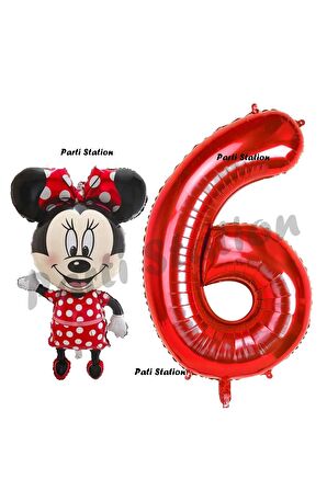 Minnie Mouse 6 Yaş Doğum Günü Set Minnie Mouse Konsept Balon ve Kırmızı Rakam Balon Set