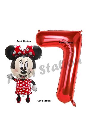 Minnie Mouse 7 Yaş Doğum Günü Set Minnie Mouse Konsept Balon ve Kırmızı Rakam Balon Set