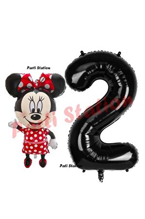 Minnie Mouse 1 Yaş Doğum Günü Set Minnie Mouse Konsept Balon ve Siyah Rakam Balon Set