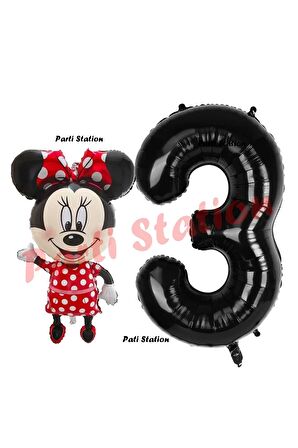 Minnie Mouse 1 Yaş Doğum Günü Set Minnie Mouse Konsept Balon ve Siyah Rakam Balon Set