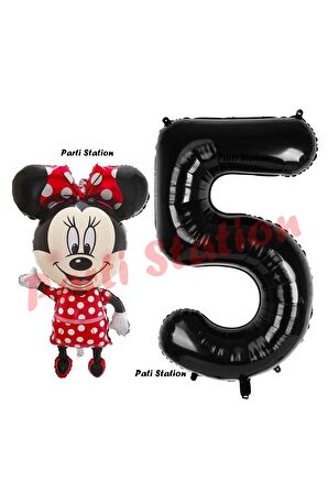 Minnie Mouse 1 Yaş Doğum Günü Set Minnie Mouse Konsept Balon ve Siyah Rakam Balon Set