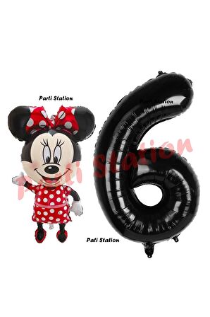 Minnie Mouse 1 Yaş Doğum Günü Set Minnie Mouse Konsept Balon ve Siyah Rakam Balon Set