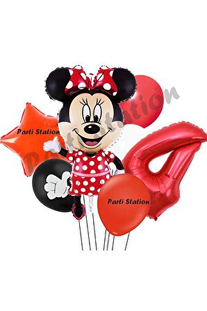 Minnie Mouse 4 Yaş Doğum Günü Set Minnie Mouse Konsept Balon ve Kırmızı Rakam Balon