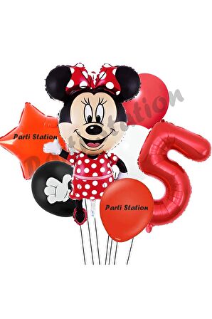 Minnie Mouse 5 Yaş Doğum Günü Set Minnie Mouse Konsept Balon ve Kırmızı Rakam Balon