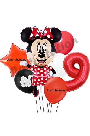 Minnie Mouse 9 Yaş Doğum Günü Set Minnie Mouse Konsept Balon ve Kırmızı Rakam Balon