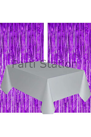 2 Adet Mor Renk Metalize Arka Fon Perdesi ve 1 Adet Plastik Gümüş Gri Renk Masa Örtüsü Set