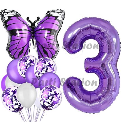 Mor Kelebek Konsept 3 Yaş Balon Set Butterfly Kelebek Mor Rakam Balon Parti Doğum Günü Balon Set