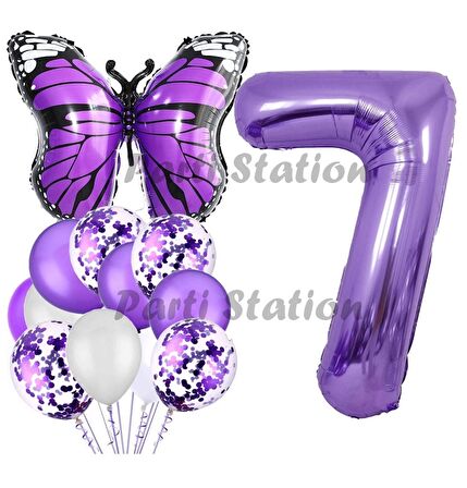 Mor Kelebek Konsept 7 Yaş Balon Set Butterfly Kelebek Mor Rakam Balon Parti Doğum Günü Balon Set