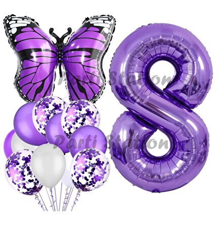Mor Kelebek Konsept 8 Yaş Balon Set Butterfly Kelebek Mor Rakam Balon Parti Doğum Günü Balon Set