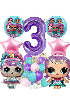 Surprise Konsept 6 Yaş Balon Set Unicorn LOL Bebek Mor Rakam Balon Parti Doğum Günü Balon Set