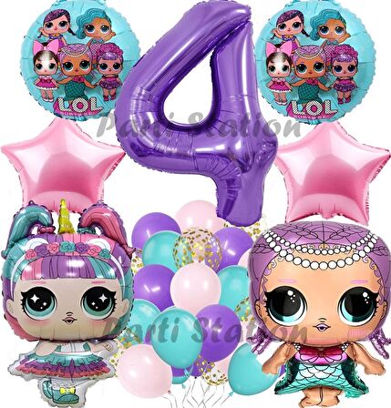 LOL Konsept 4 Yaş Balon Set Unicorn LOL Mor Rakam Balon Parti Doğum Günü Balon Set