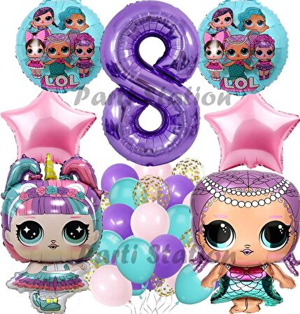 LOL Surprise Konsept 8 Yaş Balon Set Unicorn LOL Bebek Mor Rakam Balon Parti Doğum Günü Balon Set