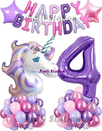 Mor Rakam Balonlu Unicorn Konsept 1 Yaş Doğum Günü Balon Set Happy Birthday Mor Unicorn Tema Set