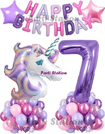 Mor Rakam Balonlu Unicorn Konsept 1 Yaş Doğum Günü Balon Set Happy Birthday Mor Unicorn Tema Set