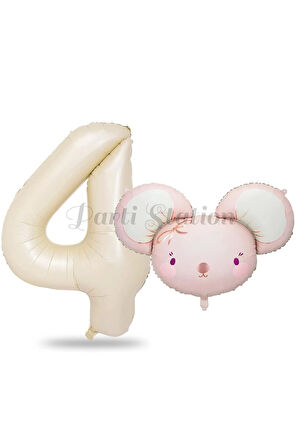 Pink Mouse 2 Yaş Balon Set Sevimli Pembe Fare Konsept Balon ve Rengarenk Rakam Balon Hamster Balon