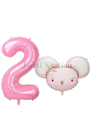 Pink Mouse 1 Yaş Balon Set Sevimli Pembe Fare Konsept Balon ve Pembe Rakam Balon Hamster Balon
